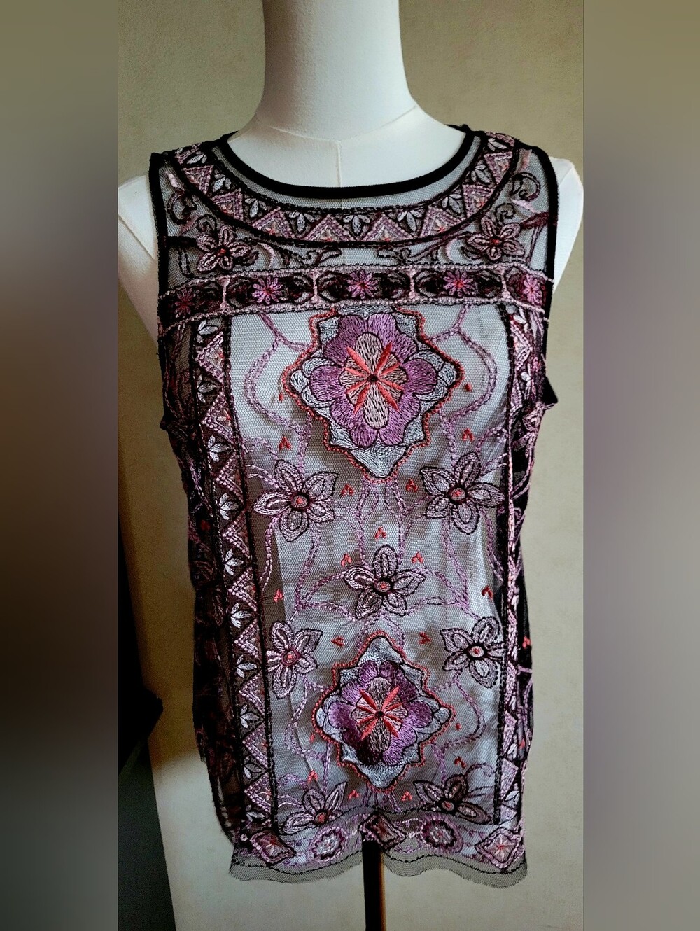 White House Black Market Black Sheer Embroidered Floral Tank with Pink Accents